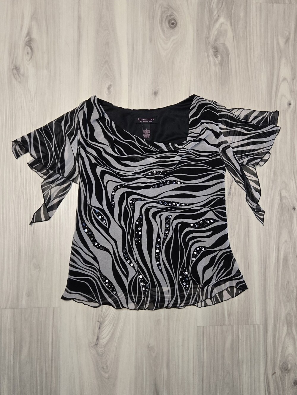 ​VTG Y2K Signature by Robbie Bee Zebra Print Mesh Top Sequin Flutter Sleeve Size